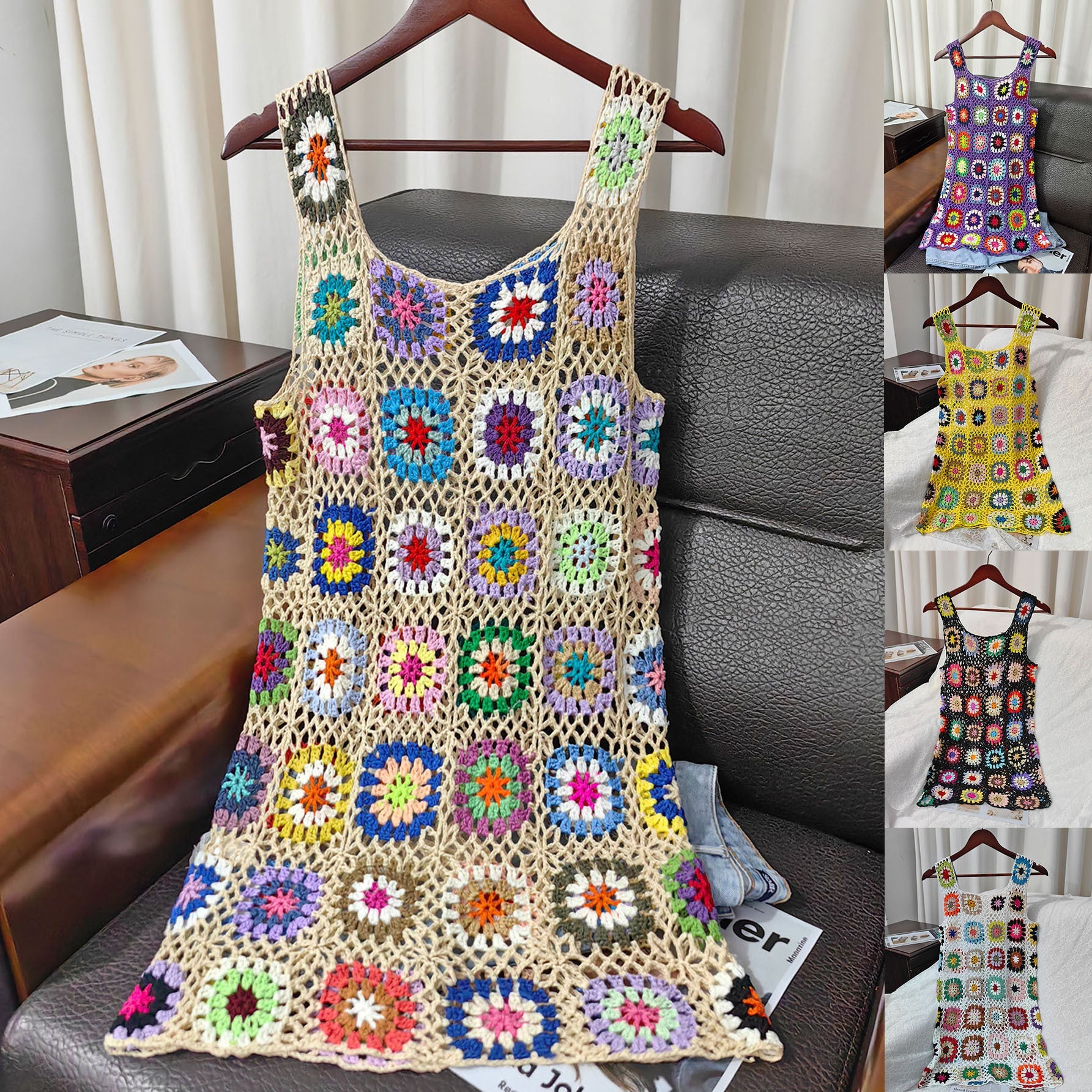 Damen luftiges Häkelkleid mit buntem Granny-Quadrat-Muster R&B