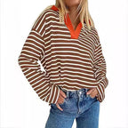 Damen Lässiges gestreiftes Sweatshirt mit V-Ausschnitt und langen Ärmeln R&B
