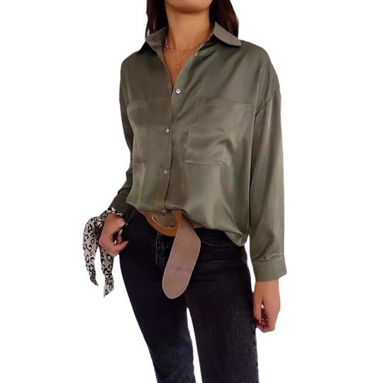 Damen lässige Hemdbluse mit verschlussfreien Taschen und klassischem Schnitt R&B