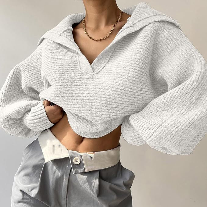 Damen modischer Strickpullover mit lässigem V-Ausschnitt und oversized Ärmel R&B