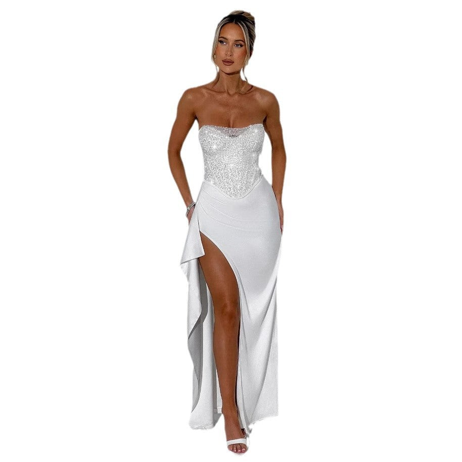 Damen Hochgeschlossenes Abendkleid mit transparentem Oberteil und seitlichem Schlitz EB