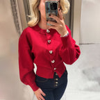 Damen Pullover mit Herzknöpfen und Puffärmeln R&B