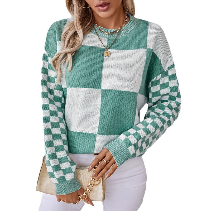 Damen modischer Pullover mit Karomuster und lässigem Schnitt