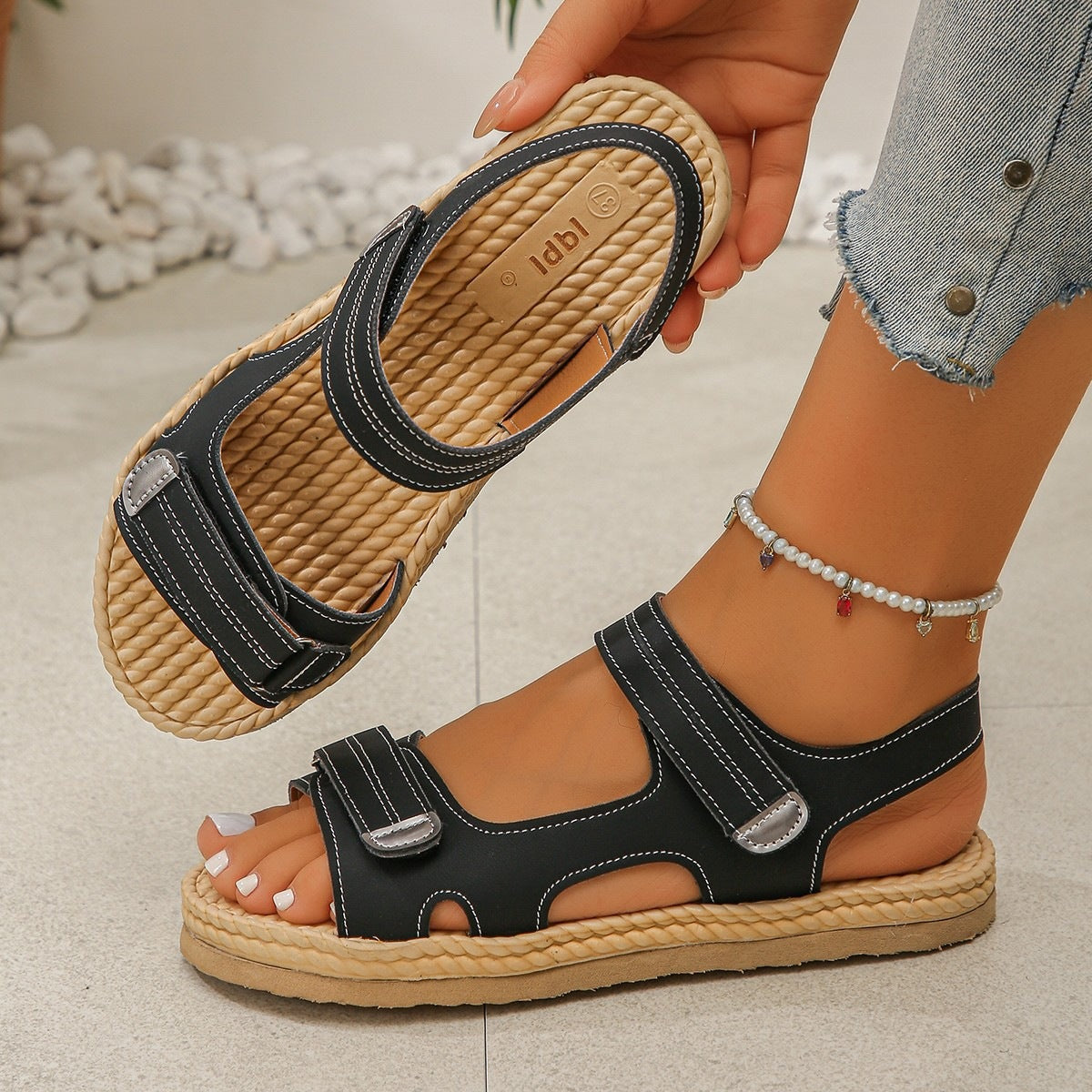 Damen Bequeme Riemchen-Sandalen mit verstellbaren Klettverschlüssen R&B