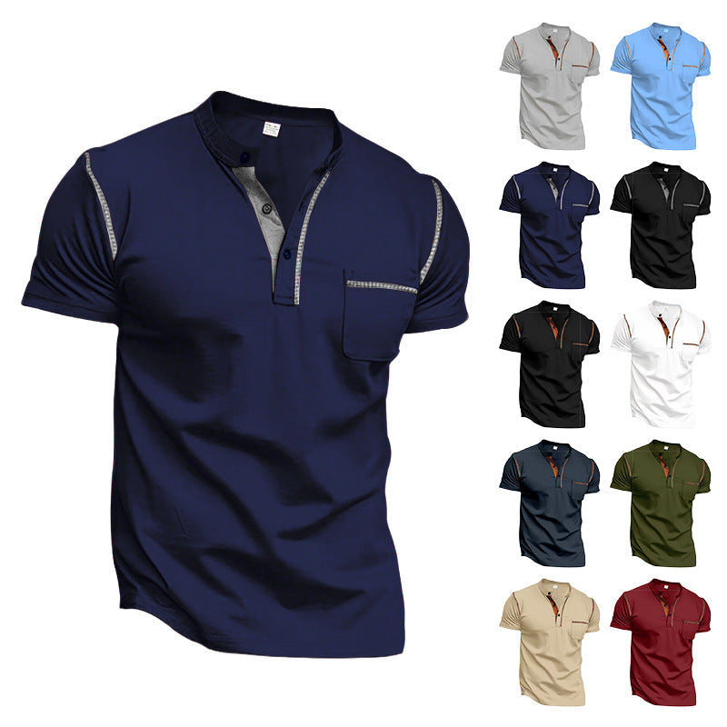 Herren nan modernes Kurzarm-Henley mit Stehkragen, Kontrastnähten und aufgesetzter Brusttasche R&B