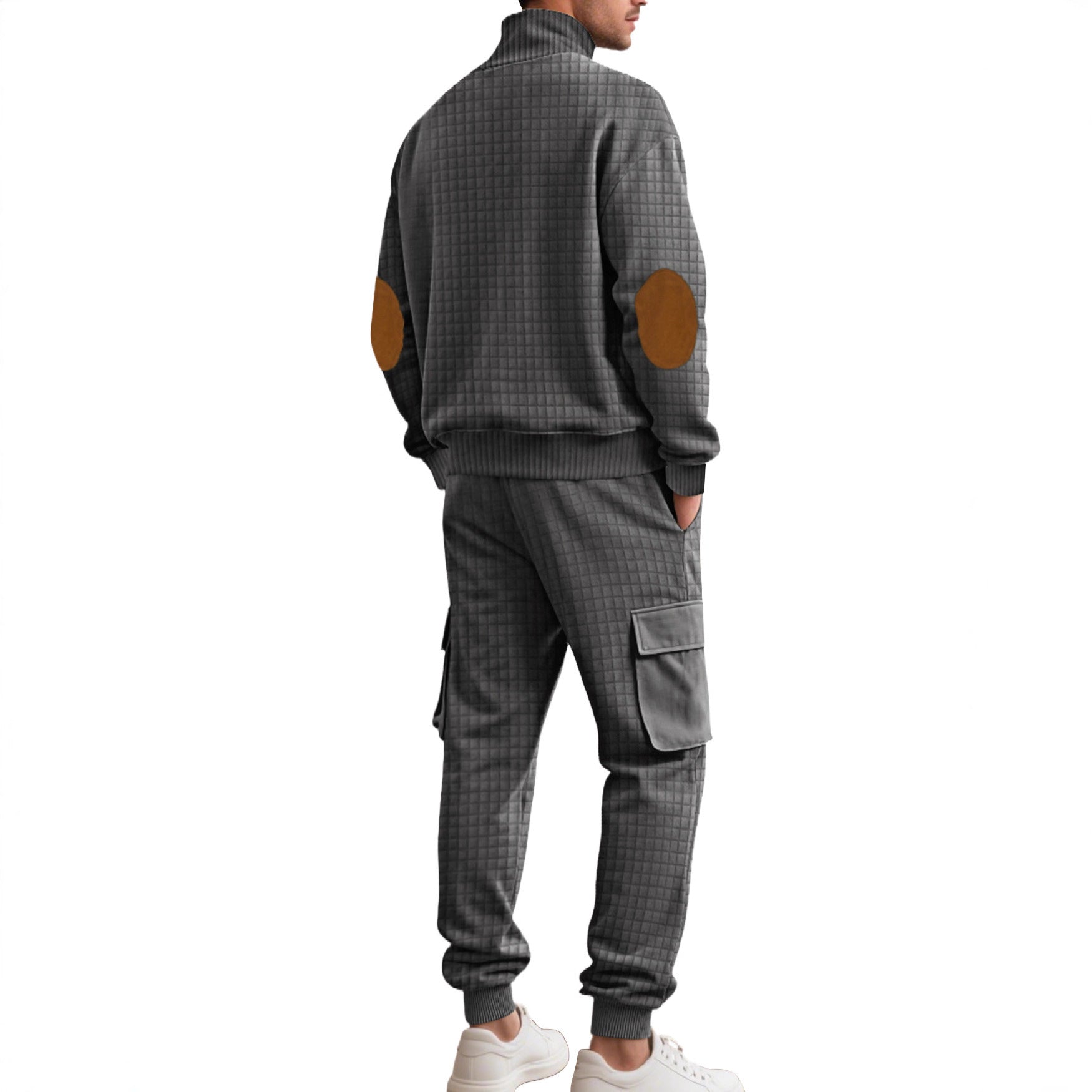 Herren nan Karo-Relief-Sweatset mit Stehkragen-Knopfleiste, Velours-Ellenbogenpatches und Cargo-Jogger R&B