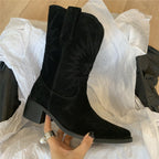 Damen nan Wildleder Westernstiefel mit spitzer Kappe und mittelhohem Blockabsatz R&B