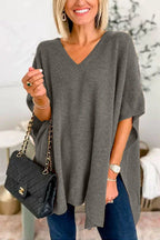 Damen V-Pullover aus feinem Strick mit weit geschnittenen Ärmeln und lässigem Stil R&B