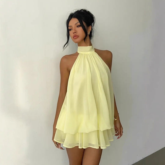 Damen luftiges Wickelkleid mit elegantem Stehkragen und fließendem Saum R&B