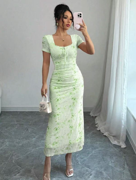 Damen Midi-Kleid mit raffinierten Falten und floralem Muster R&B