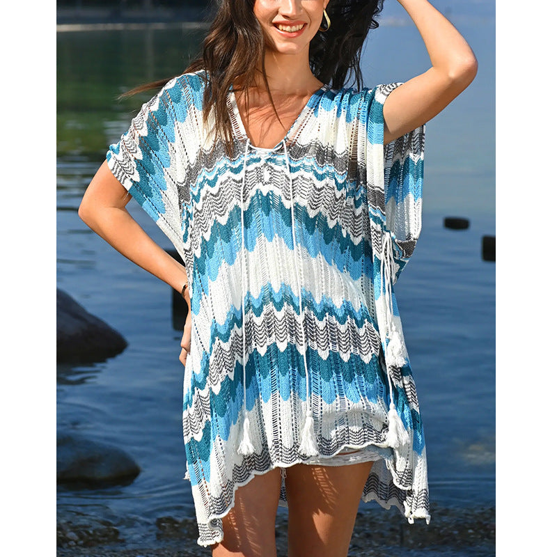 Damen lässiger Strandkimono im Wellenmuster mit offenen Ärmeln und seitlichen Schlitzen R&B