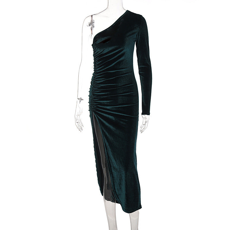 Damen stilvolles Ein-Schulter-Kleid mit Raffungen und Schlitz R&B