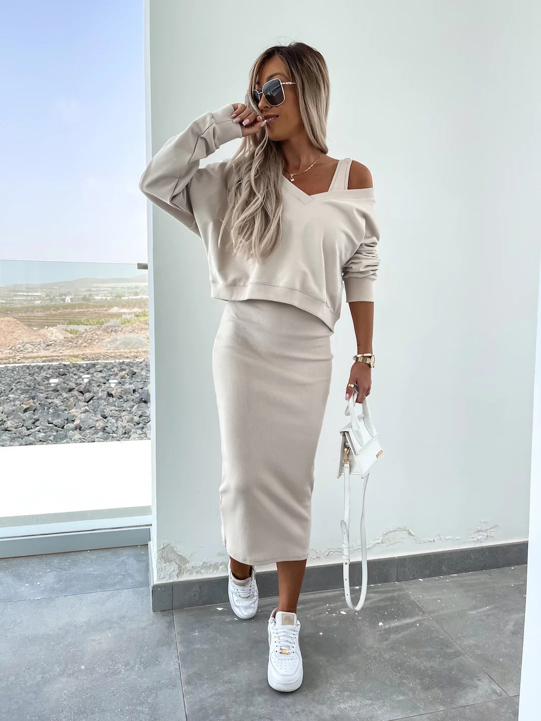 Damen elegantes und lässiges Zweiteiler-Set mit V-Ausschnitt und weitem Oberteil R&B