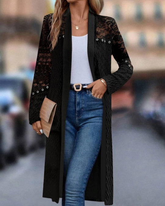 Damen nan langer Spitzen-Cardigan mit Ösenbesatz, transparenten Ärmeln und strukturierter Strickoptik R&B