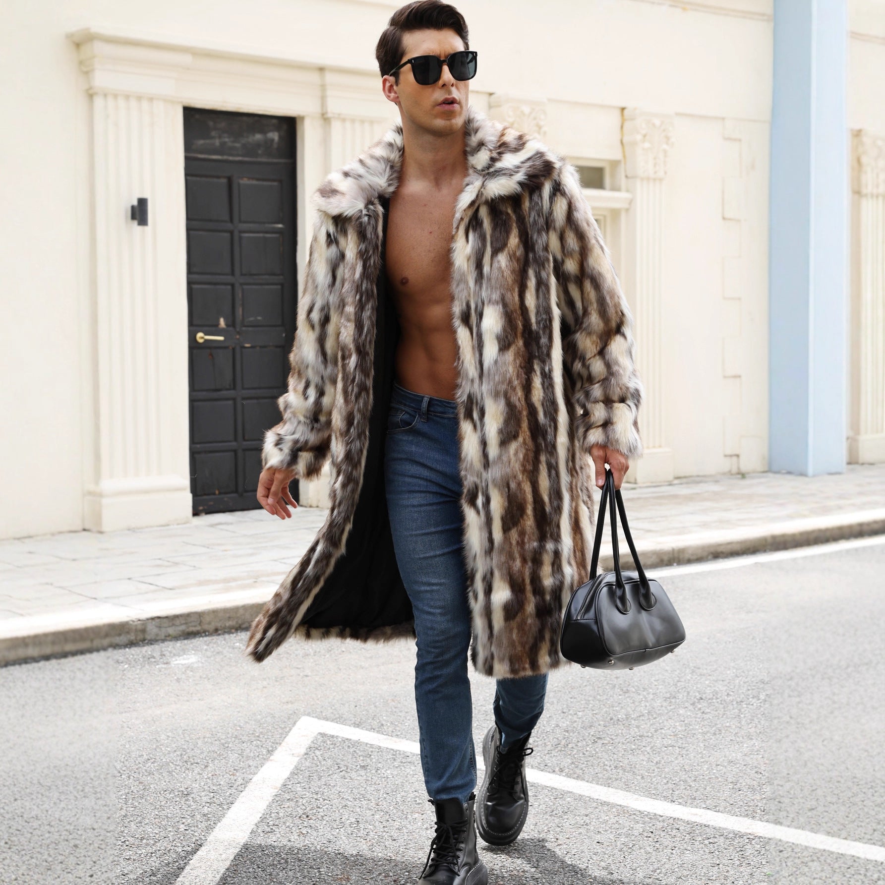 Herren Glamouröser Kunstpelzmantel mit voluminösem Kragen R&B