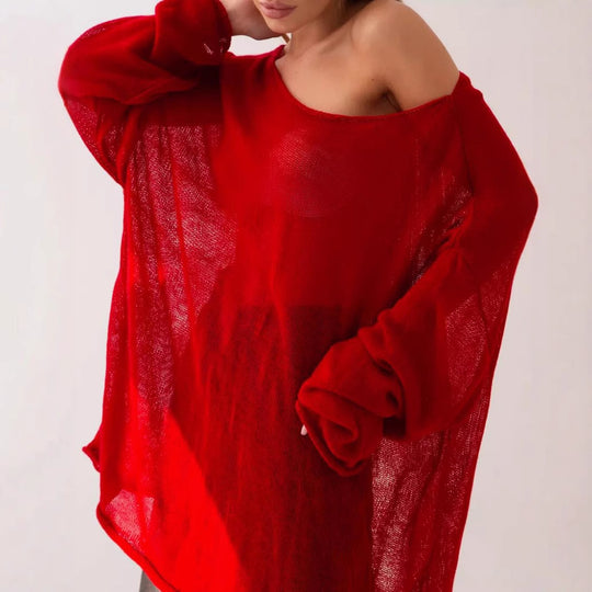 Damen luftiger Oversize-Strickpullover mit weitem Schnitt und transparentem Gewebe R&B