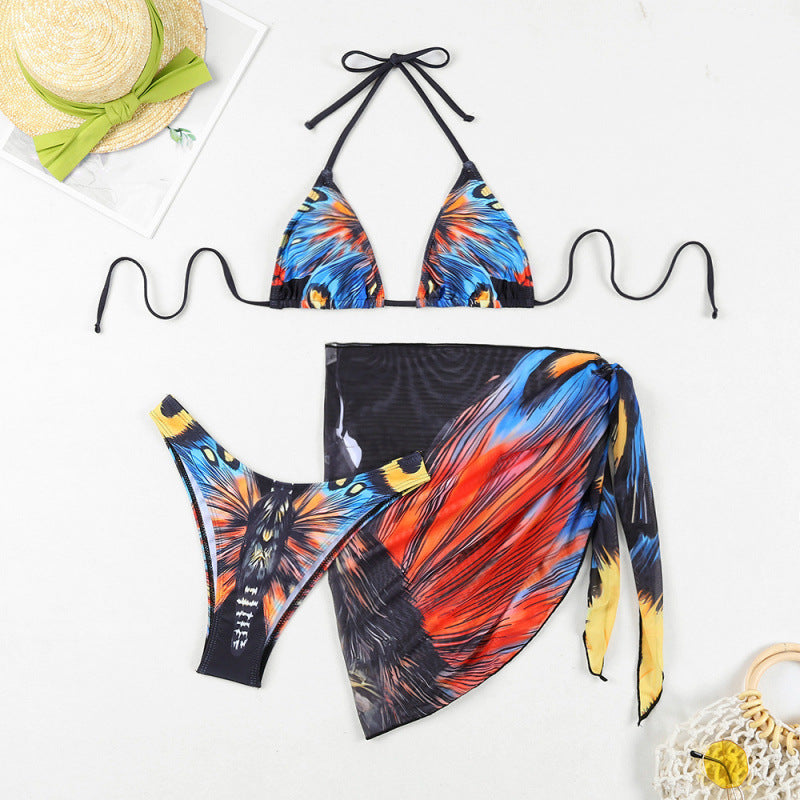 Damen Triangel-Bikini mit verspieltem Wickeldetail und buntem Tropenmotiv R&B