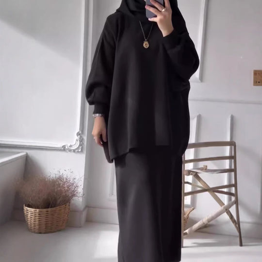 Damen Lässiges Zweiteiler-Kleidungsset mit weitem Schnitt und eleganten Puffärmeln R&B