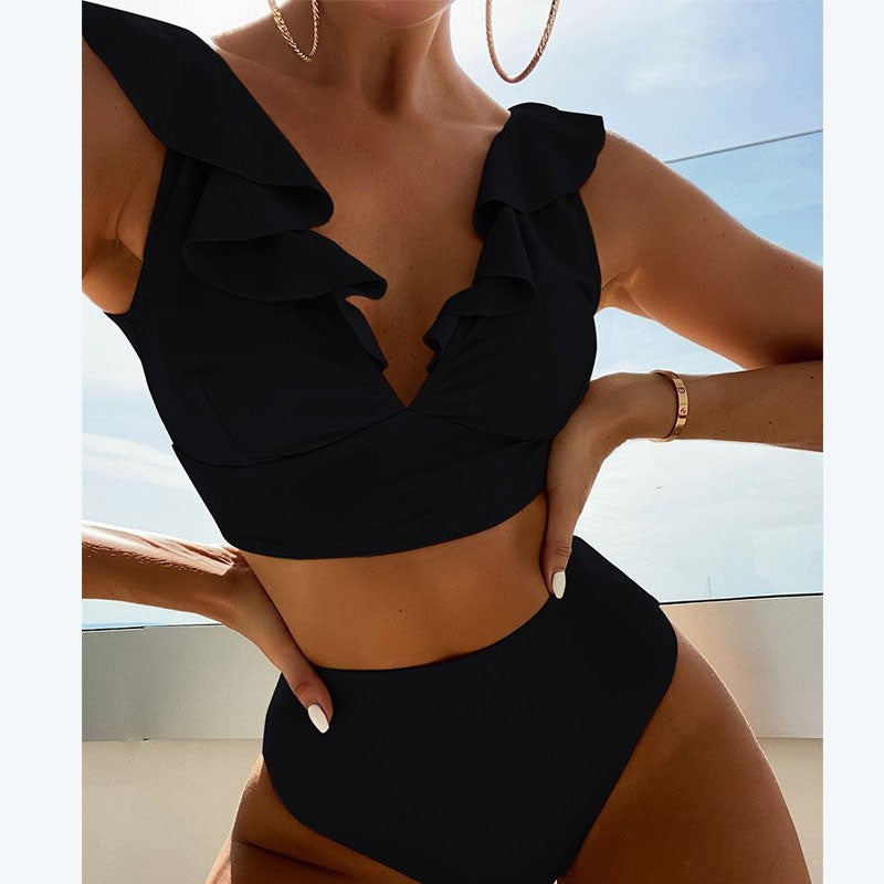 Damen Bikini mit elegantem Rüschendesign und hoch geschnittenem Höschen R&B