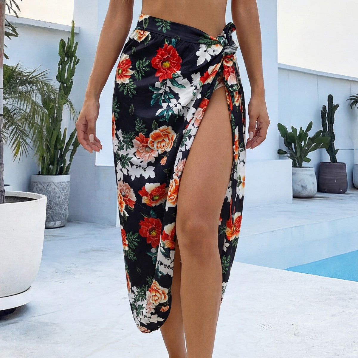 Damen eleganter Floral-Langrock mit seitlichem Schlitz R&B