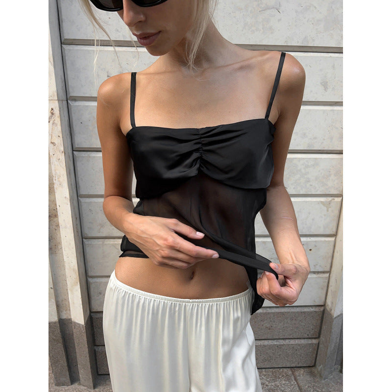 Damen Sexy Trägertop mit transparentem Stoff und raffiniertem Falten-Design R&B