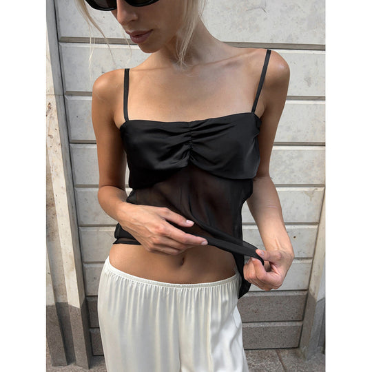 Damen Sexy Trägertop mit transparentem Stoff und raffiniertem Falten-Design R&B