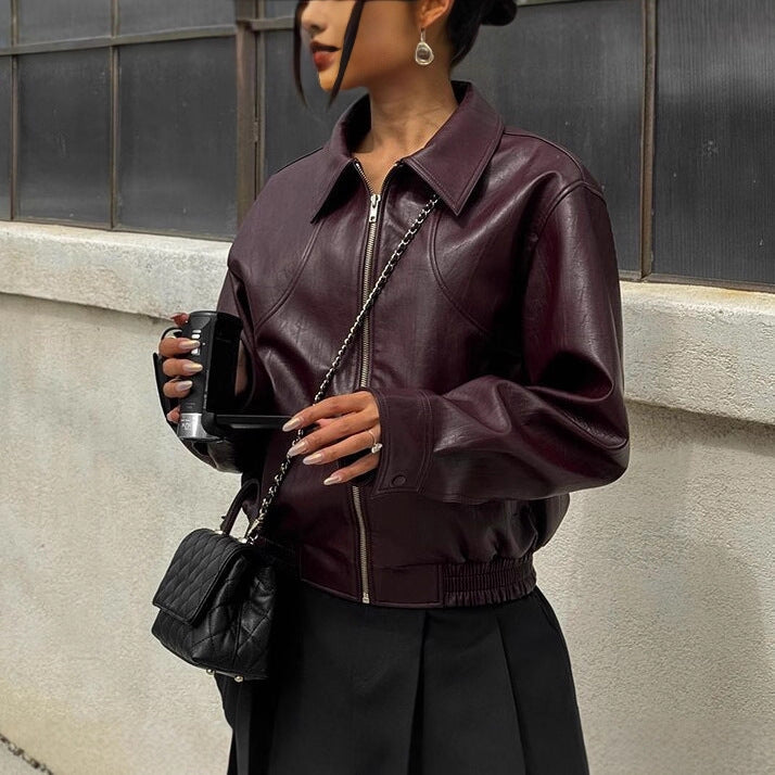 Damen Kunstlederjacke im sportlichen Schnitt mit elastischen Bündchen R&B