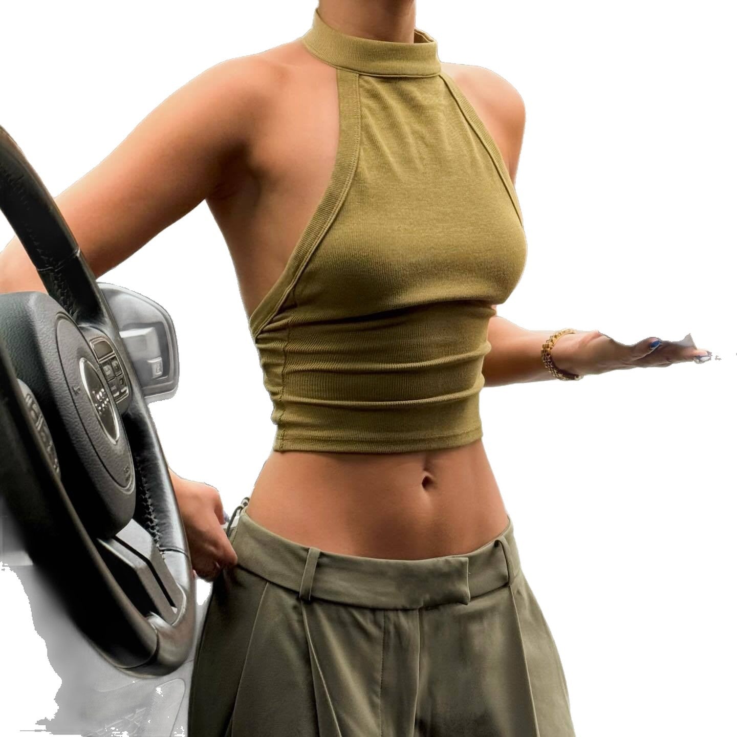 Damen High-Neck Crop-Top aus elastischem Material R&B