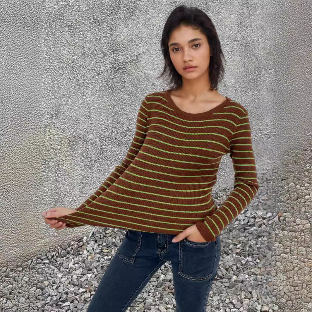Damen Langärmliger Pullover mit modernem Streifenmuster und bequemem Schnitt R&B
