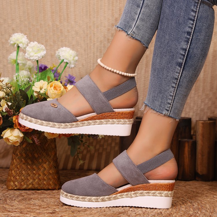 Damen Bequeme Espadrilles mit elastischen Riemen und dekorativem Bastbesatz EB