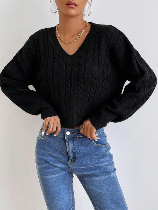 Damen Grobstrickpullover mit V-Ausschnitt und voluminösen Ärmeln R&B
