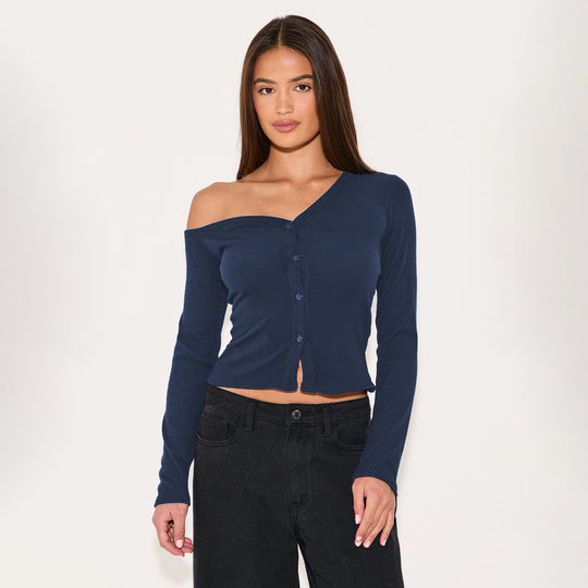 Damen Off-Shoulder Cropped Cardigan mit Knopfleiste R&B