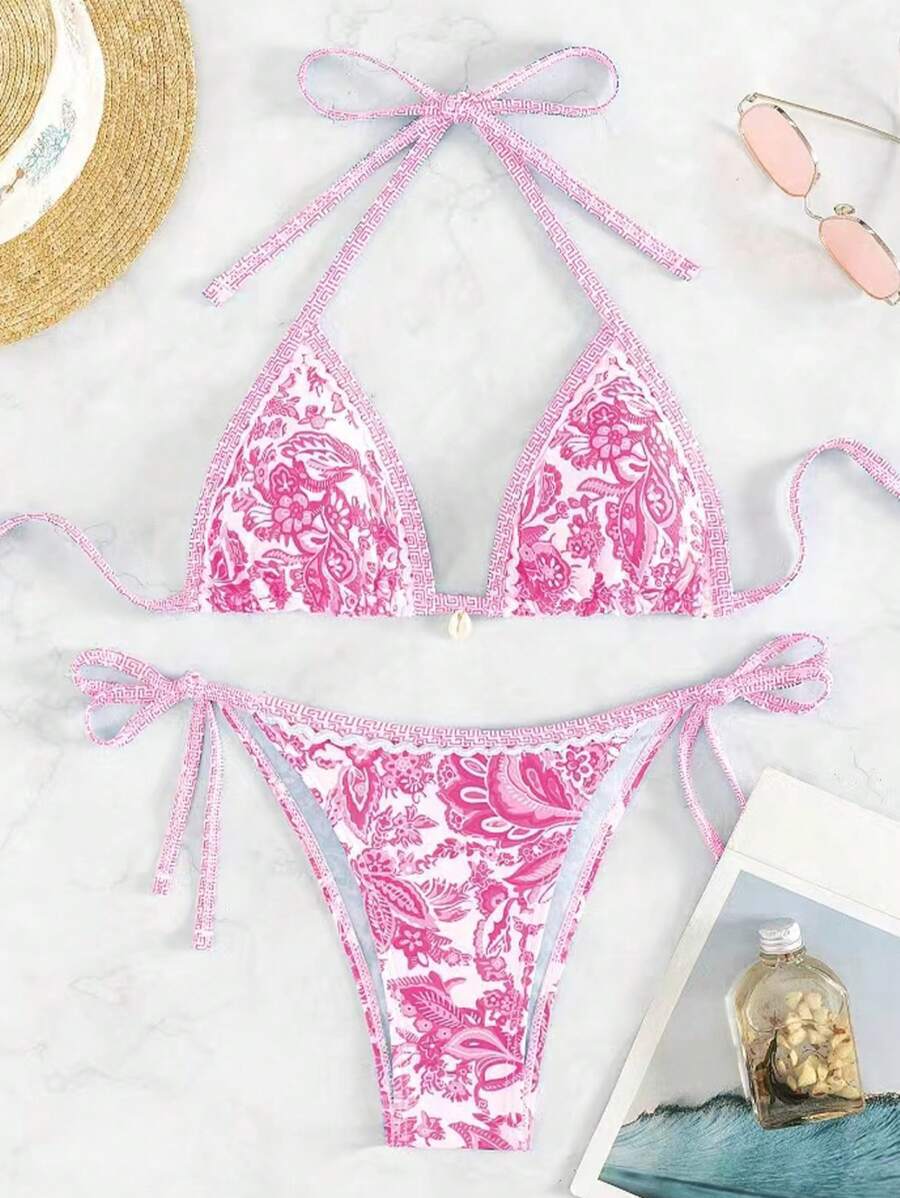 Damen Triangel-Bikini-Set mit verstellbaren Bindebändern und floralem Design R&B