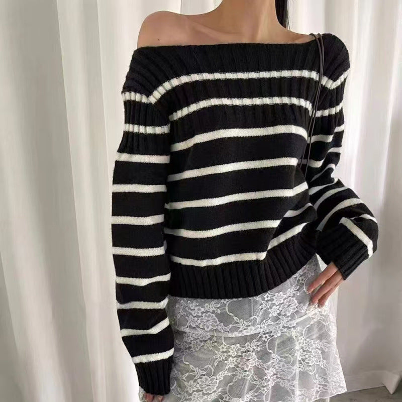 Damen Off-Shoulder Streifenpullover mit Rippstruktur R&B