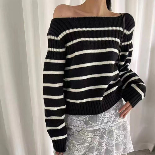 Damen Off-Shoulder Streifenpullover mit Rippstruktur R&B