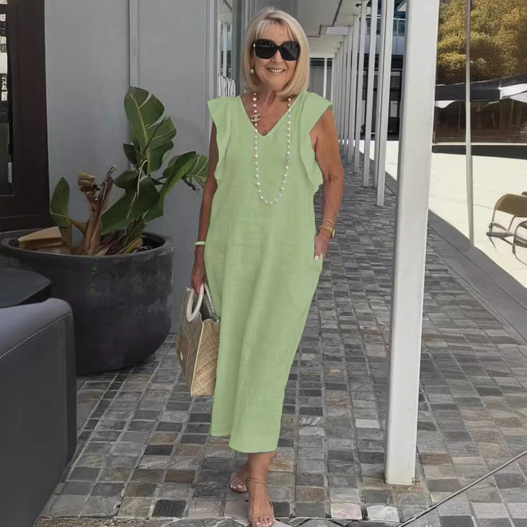 Damen Maxikleid mit V-Ausschnitt und angeschnittenem Ärmel R&B