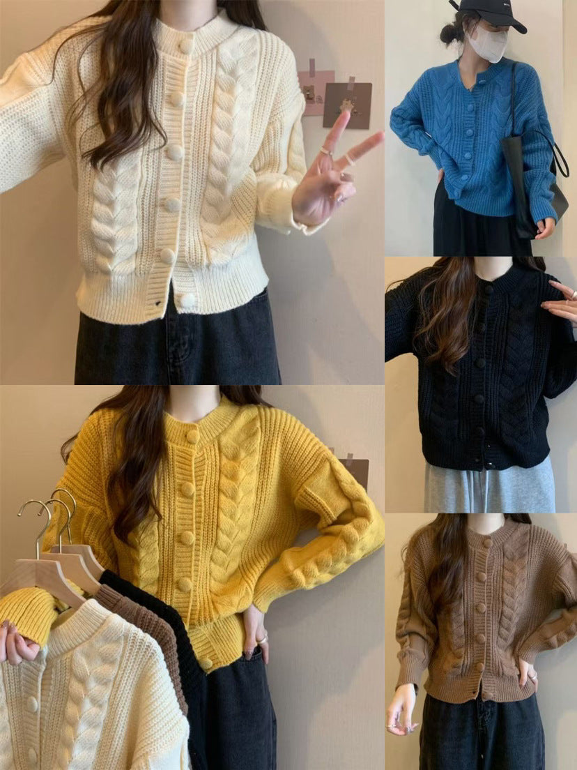 Damen gemütlicher Strickcardigan mit geflochtenem Muster und großen Knöpfen R&B