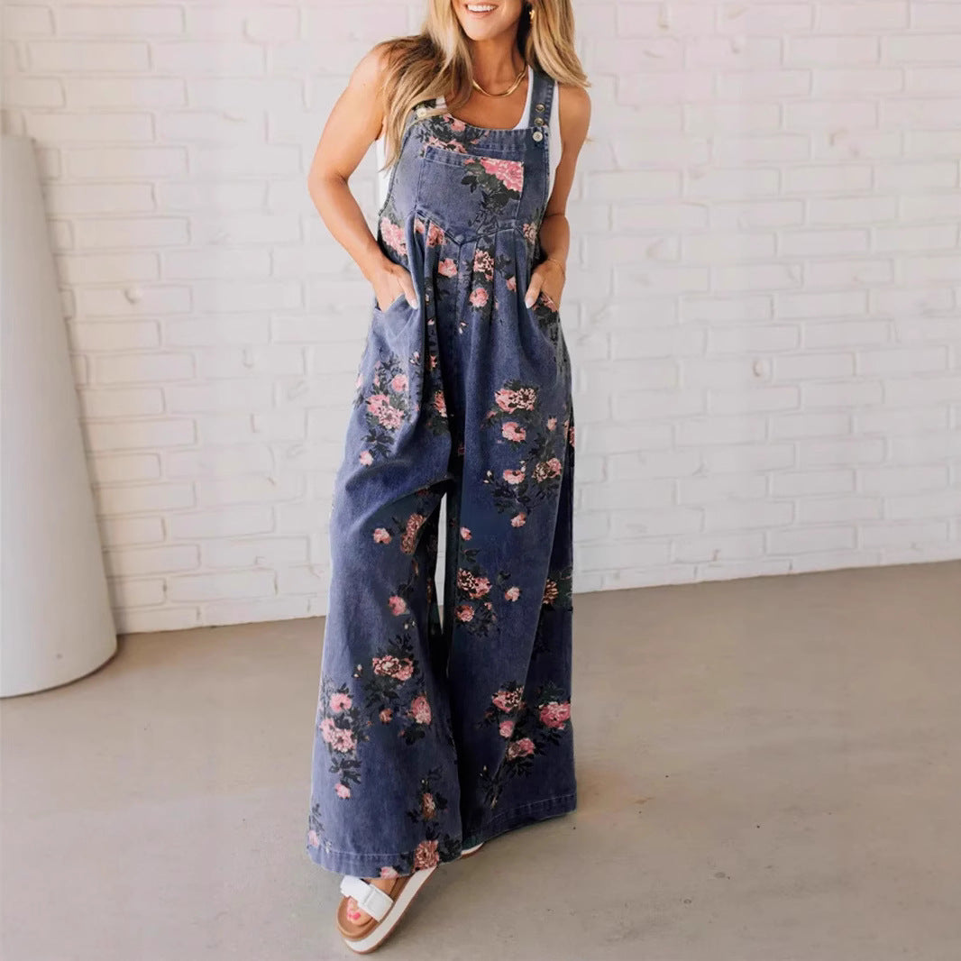 Damen Lässiger Denim-Hosenanzug mit floralem Print und weiten Beinen R&B