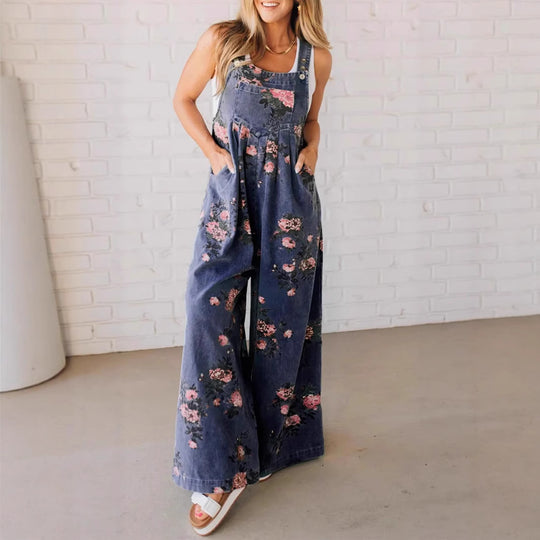 Damen Lässiger Denim-Hosenanzug mit floralem Print und weiten Beinen R&B