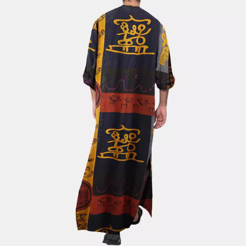 Damen nan Ethno-Maxikleid mit Stehkragen, kurzer Knopfleiste, überschnittenen Ärmeln und A-Linien-Schnitt R&B