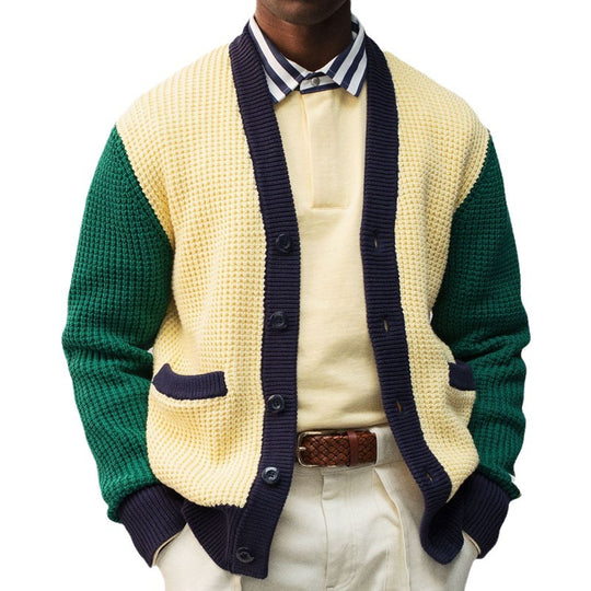 Herren Lässige Strickjacke im modernen Waffelmuster mit Kontrastärmeln und praktischen Taschen R&B