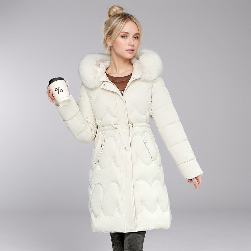 Damen modischer Puffer-Mantel mit abnehmbarem Kunstfellkragen und taillierbarem Gummizug R&B