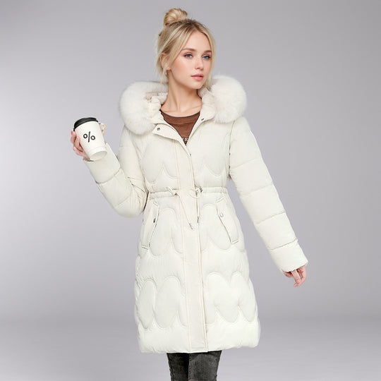 Damen modischer Puffer-Mantel mit abnehmbarem Kunstfellkragen und taillierbarem Gummizug R&B