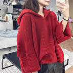 Damen lässiger Strickpullover mit Kapuze und weit geschnittenen Ärmeln R&B