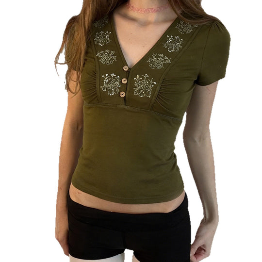 Damen T-Shirt mit floralem Stickmuster und Knopfleiste R&B