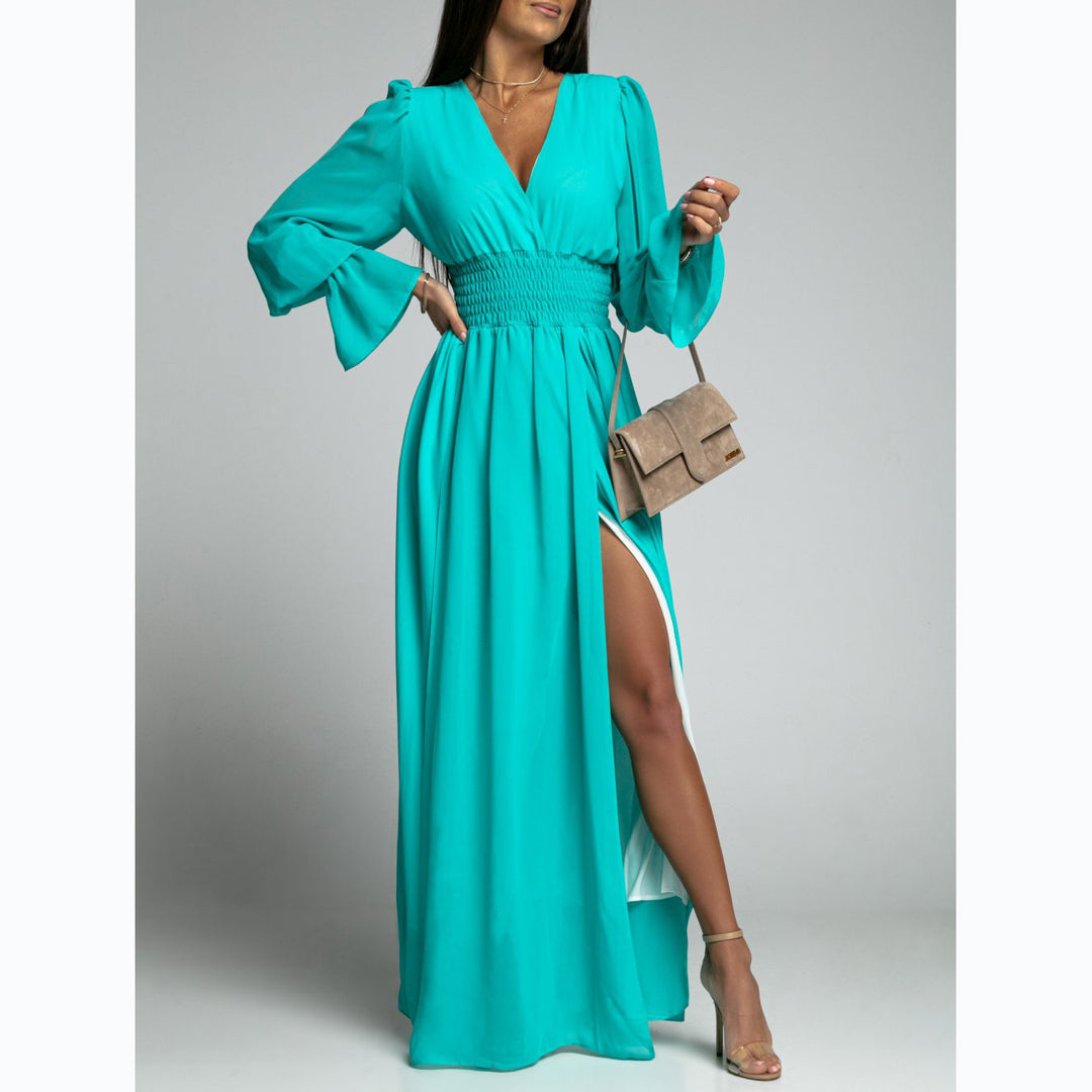Damen Maxi-Kleid mit tiefem V-Ausschnitt und voluminösen Ärmeln R&B