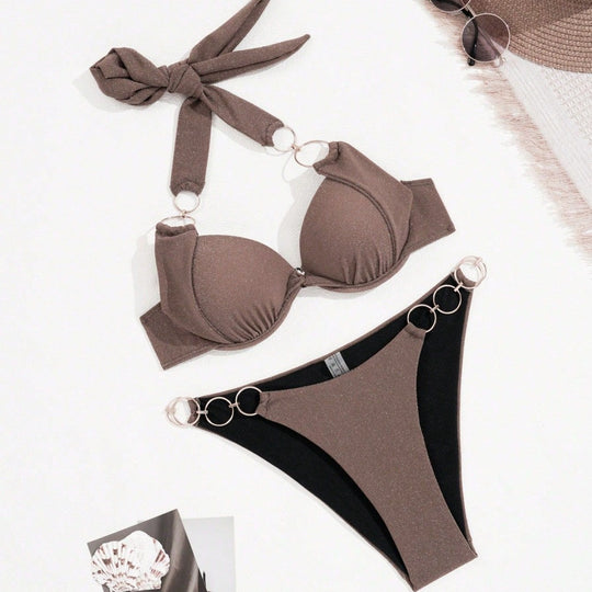 Damen Triangel-Bikini mit goldenen Ringakzenten R&B