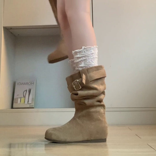 Damen Elegante und lässige Winterstiefel mit modischem Falten-Design und praktischer Schnalle R&B