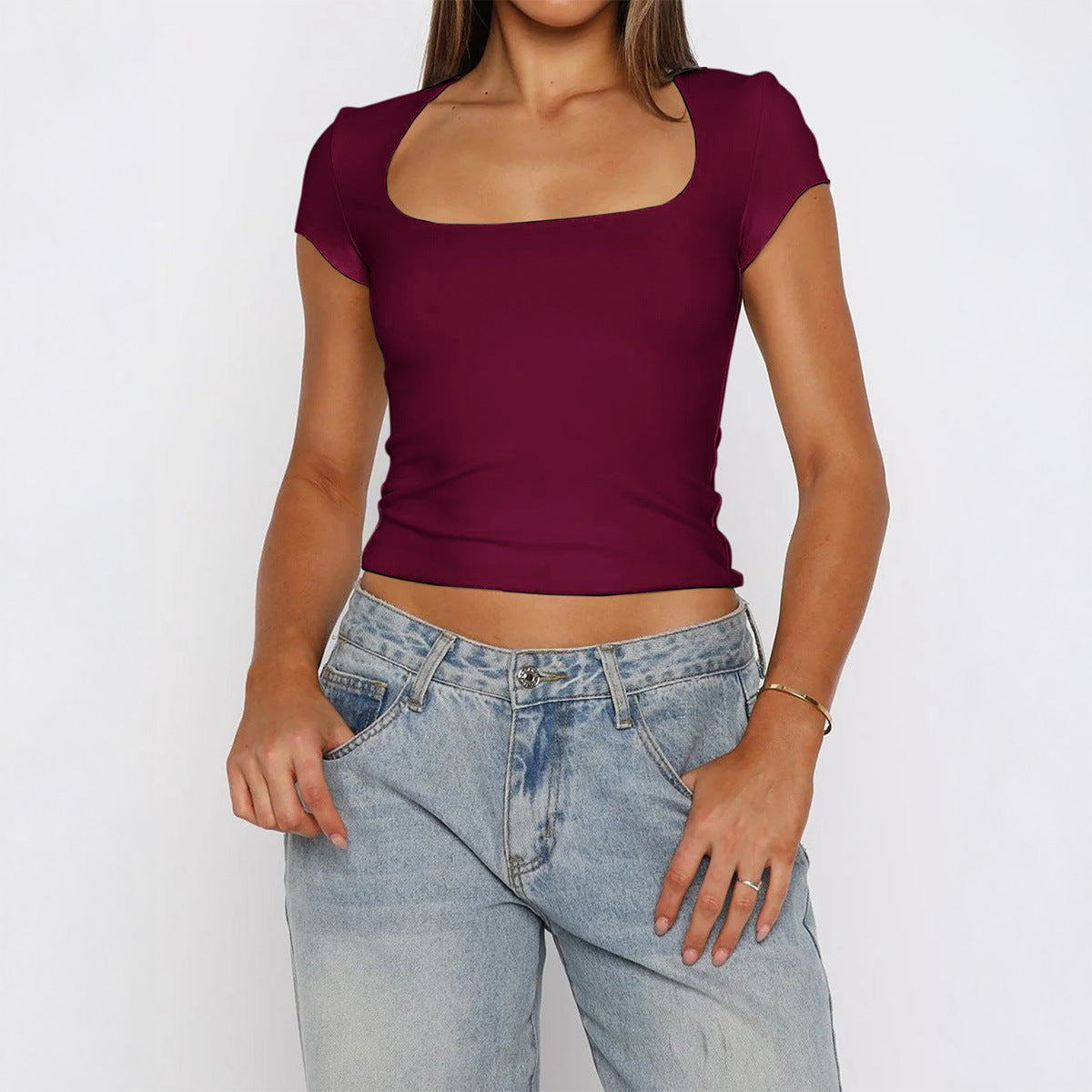 Damen Kurzarm T-Shirt mit quadratischem Ausschnitt R&B