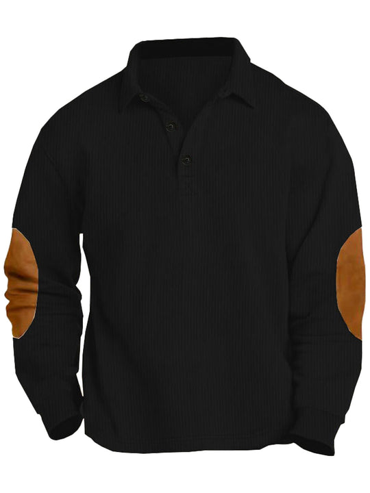 Herren nan legeres Langarm-Poloshirt mit Hemdkragen, kurzer Knopfleiste, feiner Struktur und Velours-Ellenbogenbesatz R&B